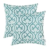 Pack of 2 CaliTime Cushion Covers Throw Pillow Cases Shells for Home Sofa Couch, Vintage Scrolled Floral Geometric, 18 X 18 Inches, Teal