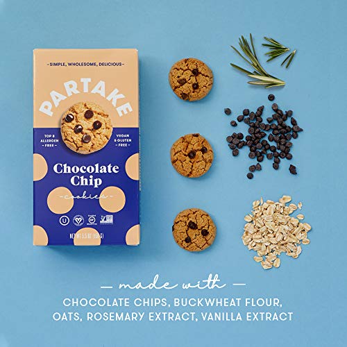 Partake Crunchy Cookies - Chocolate Chip | 4 Boxes | Vegan & Gluten Free | Free of Top 8 Allergens- Dairy Free, Nut Free, Egg Free, Wheat Free, Soy Free, Fish Free | 5.5 Oz | 15 Cookies Each