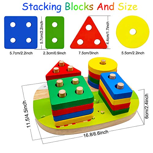 Wooden Educational Toy for Toddlers, Sorting Stacking Toy for Toddlers, Shape Color Recognition Puzzle Stacker, Geometric Board Blocks Stacking Sort, Montessori Toddlers Toy for 1 2 3 4+ Years Old