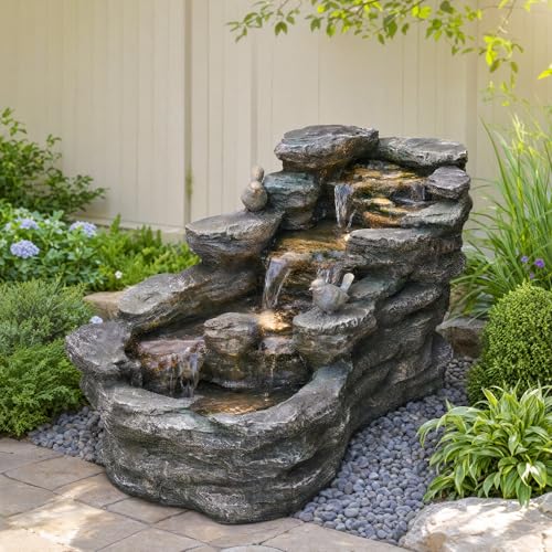 YZM 36.61" Outdoor Water Fountain with LED Lights 5-Tier Rock Waterfall