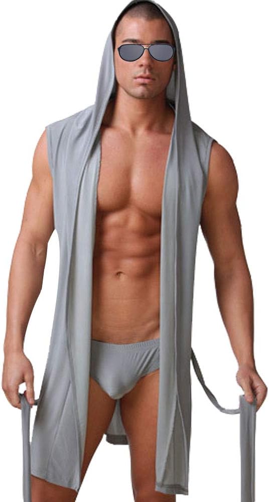 Men's Sexy Sleeveless Hooded Kimono Bathrobe Lightweight Sleep Robes Pajama