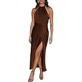 BEOVR 2026 Summer Satin Halter Neck Backless Slit Midi Dresses Elegant Cowl Back Ruched Wedding Guest Maxi Dress for Women