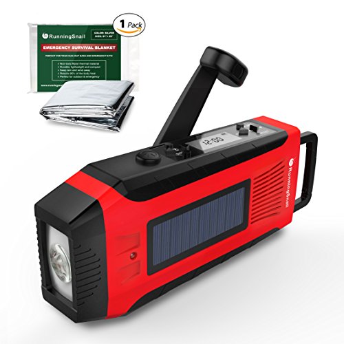 RunningSnail Emergency Solar AM/FM//NOAA Weather Radio - 3W LED Flashlight, SOS Alarm & 2000MAh Power Bank for Hurricane/Storm/Earthquake/Camping/Hiking - with Emergency Blanket
