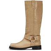 ZJGZF Women's Knee High Riding Boots Leather Studds Biker Boot Square Toe Block Chunky Heel Slip on Tall Motorcycle Boots Wide Mid Calf Booties Cute Comfortable Shoes