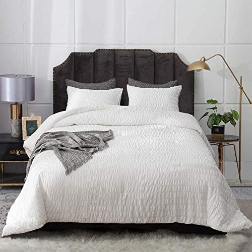 Luxlovery White Seersucker Comforter Set Queen Textured Bedding Sets