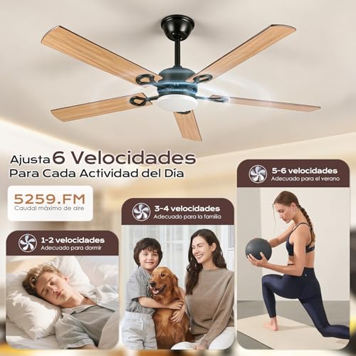 Ventilador de Techo con Luz 52"/132CM, Abanicos de Techo con Control Remoto, Doble Cara de Aspas, Motor DC Reversible, 6 Velocidades, 3CCT, Brillo Ajustable, Ideal para Sala Dormitorio Cocina Office