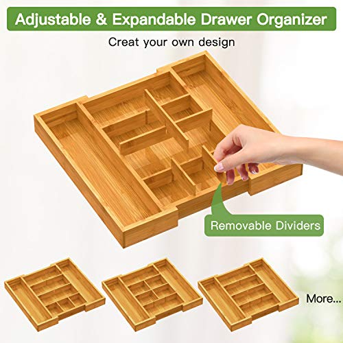 Pipishell Bamboo Expandable Drawer Organizer, Adjustable Silverware Organizer with Removable Dividers, Cutlery Tray Perfect for Kitchen, Bathroom, Office, Bedroom