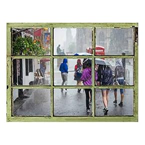 Window View Wall Mural - People Walking in The Rain on The Street - Vintage Style Wall Decor - Peel and Stick Adhesive Vinyl Material - 24x32 inches