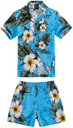 Boy Hawaiian Shirt and Shorts 2 Piece Cabana Set in Turquoise with Panel Floral