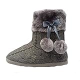 Airee Fairee Slippers Womens Indoor Slipper Boots for Ladies Girls with Knitted Upper and Pom Poms (Large-US 9-10, Grey)