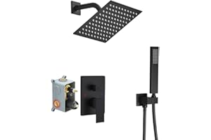 JingGang Matte Black Shower System Bathroom Rainfall Shower Faucet Set Complete Wall Mounted 8 Inch Shower Head and Handle Set with Rough-in Valve Body and Trim Kit