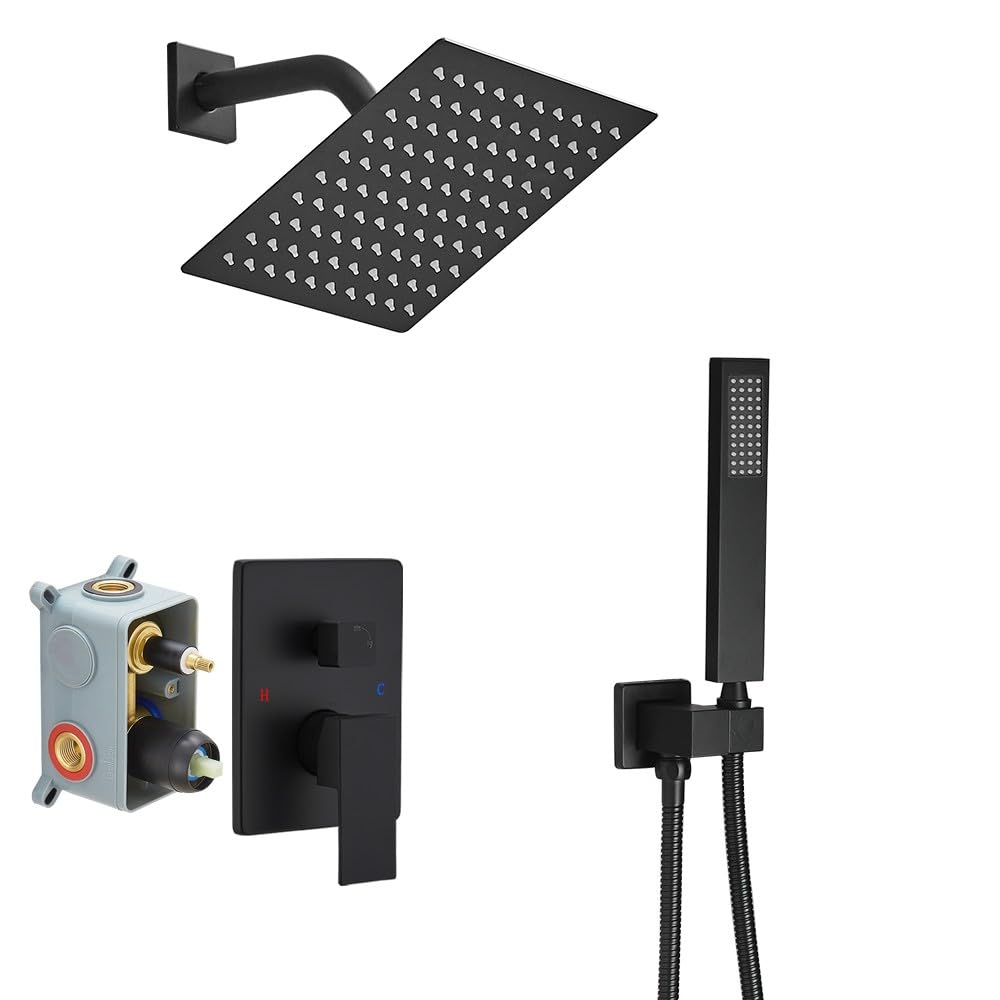 Photo 1 of JingGang Matte Black Shower System Bathroom Rainfall Shower Faucet Set Complete Wall Mounted 8 Inch Shower Head and Handle Set with Rough-in Valve Body and Trim Kit
