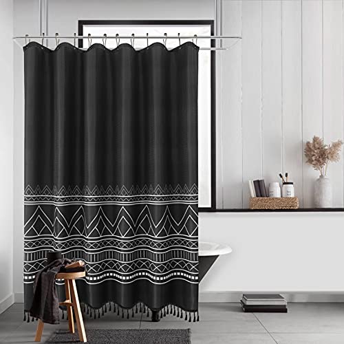 Black Shower Curtain Set with 12 Hook Extra Long Boho Shower Curtains