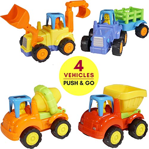 Friction Powered Cars Push and Go (4 Pack), Construction Vehicles Toys for Toddlers Including Tractor, Bulldozer, Cement Mixer, Dump Truck, Car Truck Toys Play Set for 2 3 4 Years Old Boys Gift