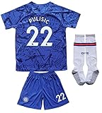 LES TRICOT 2019/2020 Chelsea Home #22 Christian PULISIC Soccer Kids Jersey Shorts Socks Set Youth Sizes (New Chelsea Home, 6-7 Years Old)
