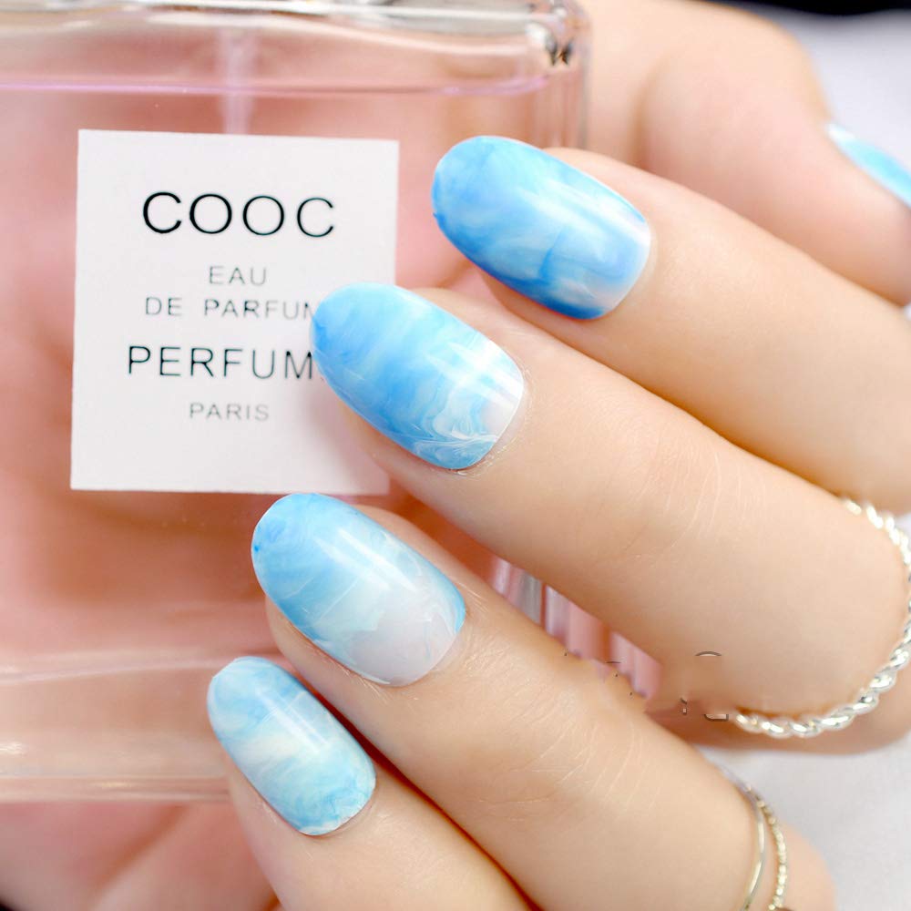 Amazon Com Short Sky Blue Marble Fake Nails Manicure Full Cover