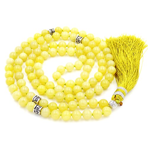 Mala Beads Necklace, Gemstone Mala Bracelet, Buddhist Prayer Beads Necklace, Tassel Necklace, Knotted Necklace (Lemon Jade)