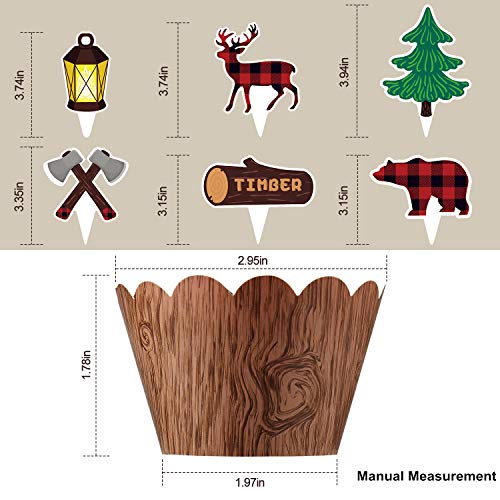 48Pcs Lumberjack Cupcake Toppers & Wood Grain Buffalo Plaid Wrappers