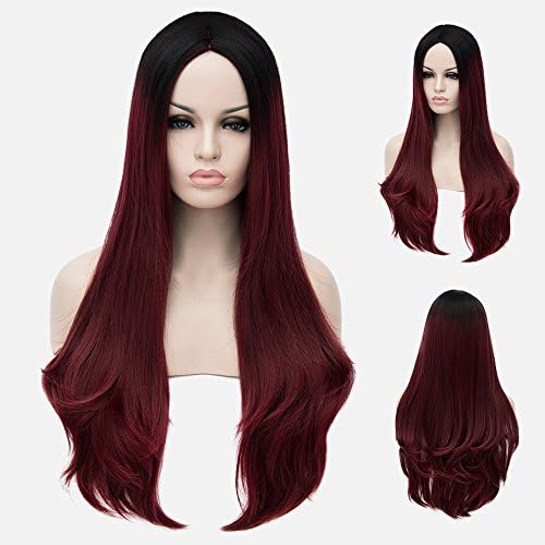Beshiny Ombre Dark Red Wigs Two Tones Synthetic Dark Roots Long Natural Straight Wigs Heat Resistant Fiber Hair Full Wigs For Women 28” (Dark Red)
