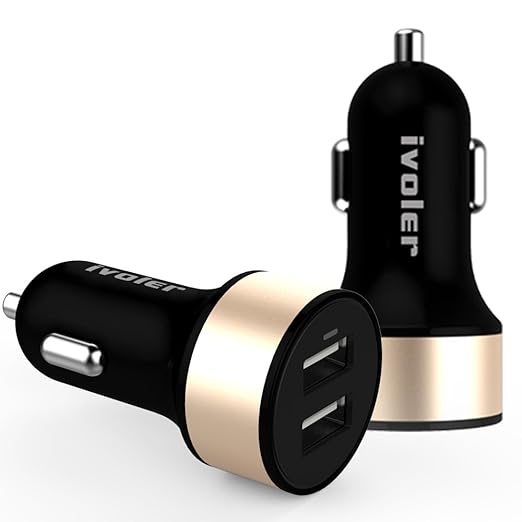iVoler 24W / 4.8A Cargador de Coche USB Dual-Port, Adaptador Automóvil con Tecnología Qsmart para Apple iPhone, iPad Air, iPad Pro, iPad Mini, Samsung Galaxy, Huawei, Nexus, ASUS, LG, HTC, Sony Xperia, Microsoft Lumia, Mororola, Alcatel, Nokia,Powerbank y Más (El Cargador de Coche más compacto pero Poderoso en el Mundo) - Negro