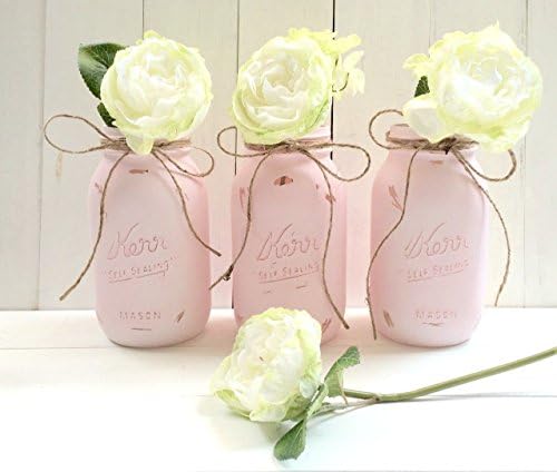 Set of THREE Hand Painted and Distressed Pink Mason Jars, Quart Size, Jute Bow.