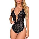 DITSONEO Sexy Lace Bodysuit for Women Deep V Neck One Piece Lingerie, Sheer Mesh Teddy, Backless Bodysuit Sleepwear