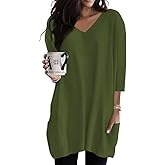 Poetsky Womens Tunic Tops for Leggings with Pockets Vneck 3/4 Length Sleeve Shirt Casual Long T-Shirts S-3XL