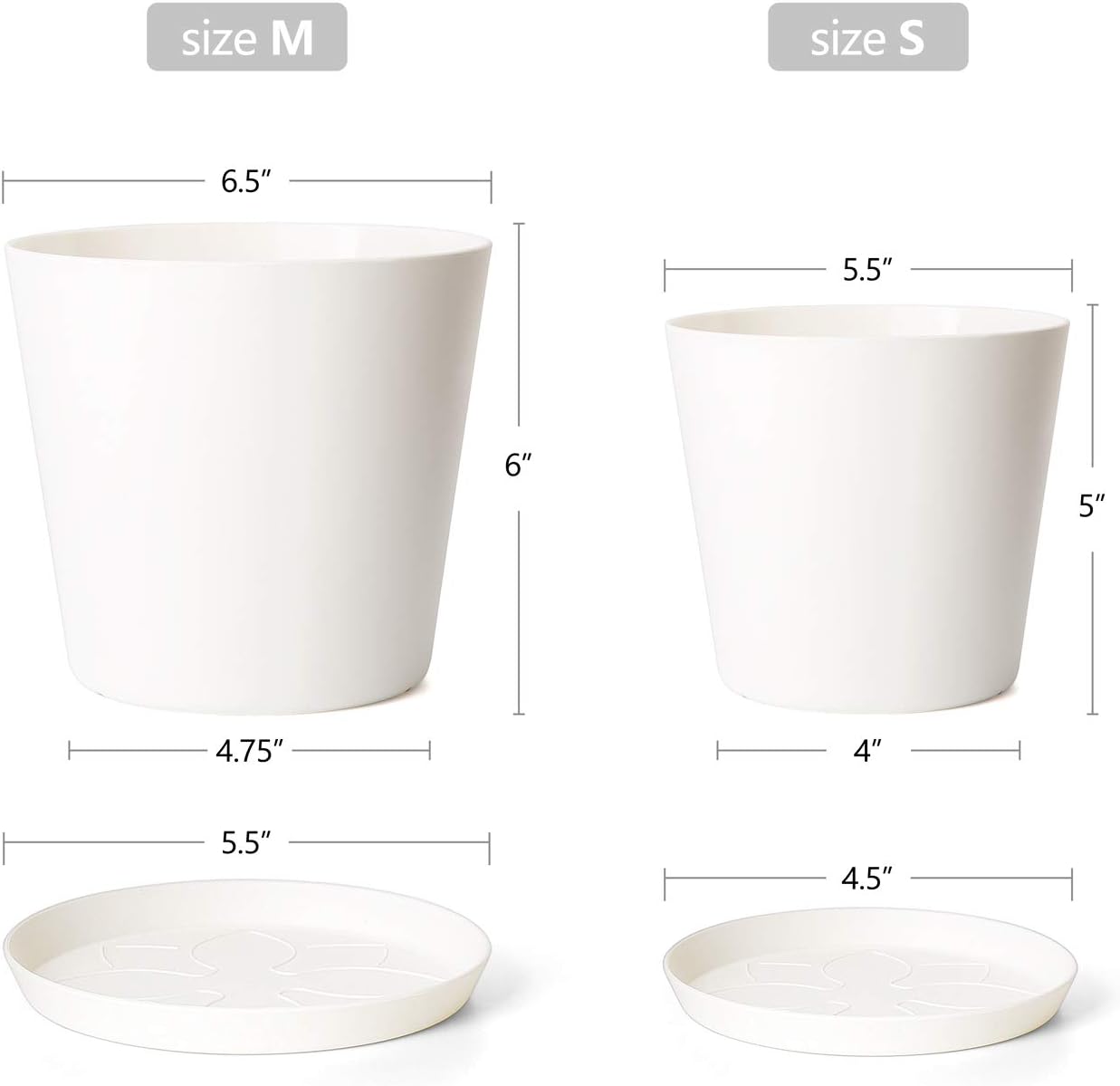 Mkono 6.5" Plastic Planters with Trays, Indoor Set of 5 Flower Plant Pots Modern Decorative Gardening Pot with Drainage Hole for All House Plants, Herbs, Foliage Plant, and Seed Nursery, Cream White: Garden & Outdoor
