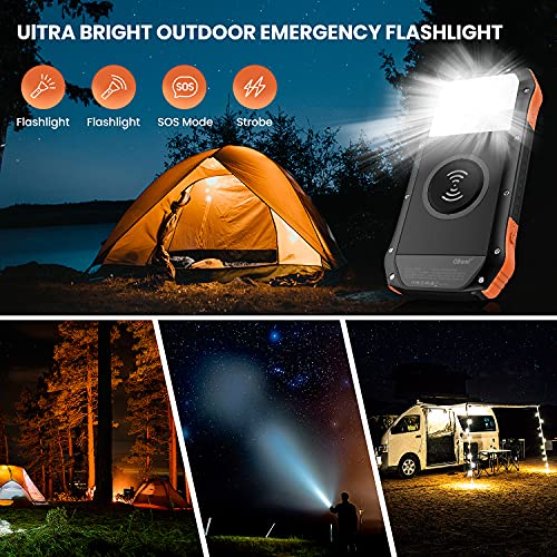 PD 18W QC 3.0 Solar Power Bank, 16000mAh Qi Portable Solar Charger, Fast Charging External Battery Compatible with iPhone, iPad, GPS, etc. IP65 Flashlight for Outdoor Camping (16000mAh)