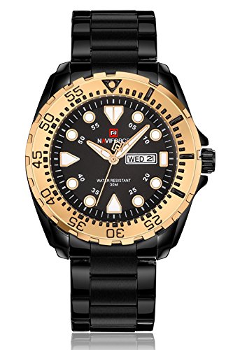 NAVIFORCE Watch Men Stainless Steel Waterproof Analog Japanese Quartz Movement Date (Black Gold)