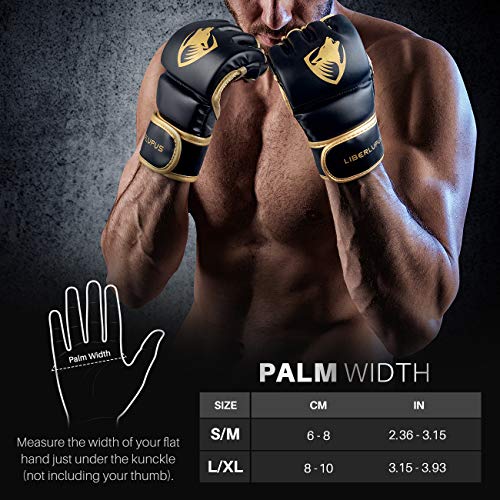 Liberlupus MMA Gloves, UFC Boxing Fight Gloves MMA Mitts with Adjustable Wrist Band for Sanda Sparring Punching Bag Training (Black & Gold, S/M) - Thumbnail 7