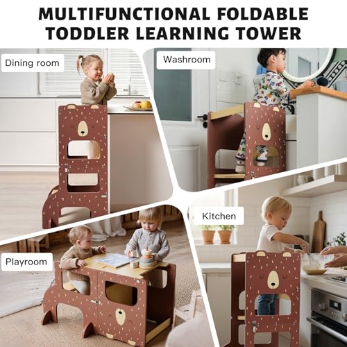 labebe Montessori Tower Kids Large Size Wooden Folding Montessori Tower 3 in 1 Multifunctional Montessori Tower with Blackboard Brown Bear