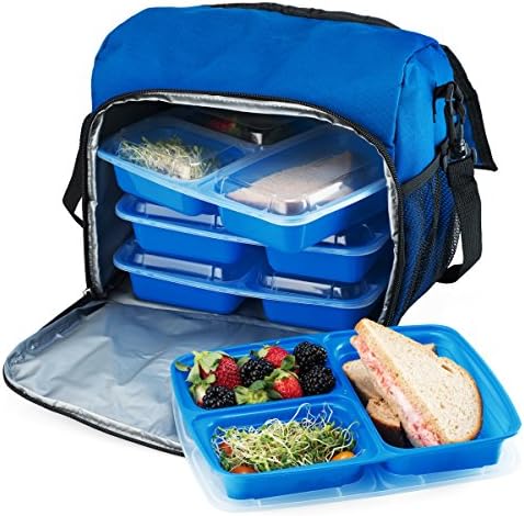 FamGo Meal Prep Lunch Bag-Lunch Boxes Insulated Cooler Kit, Zipper & Buckle Closure, Matching Colored 3 Compartment Bento Lunch and Food Storage Container with Airtight Lid, 15 Piece - Blue