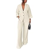 Casual Blazer Pants Suits for Women Dressy Oversized Long Sleeve Blazer and Wide Leg Pants 2 Piece Outfits