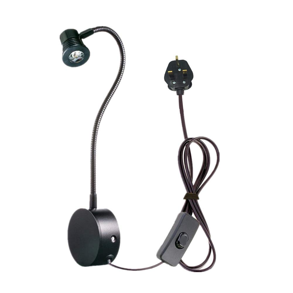 WeFoonLo 3W Wall Mounted Flexible Gooseneck LED Reading Light with Plug & Switch for Bedroom, Office, Workbench, Studio (02 Black Cool White)