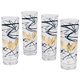 DC Wonder Woman Highball Glasses, Set of 4 - Gold Wonder Woman Symbol with Blue Swirls - 8 oz - Pinache