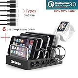COSOOS Fastest Charging Station with Quick Charge QC 3.0, 6 Phone Charger Cables(3 Type),lWatch Stand,6-Port Multi USB Charger Station,Charging Station for Multiple Devices,Tablet,Kindle(UL Certified)