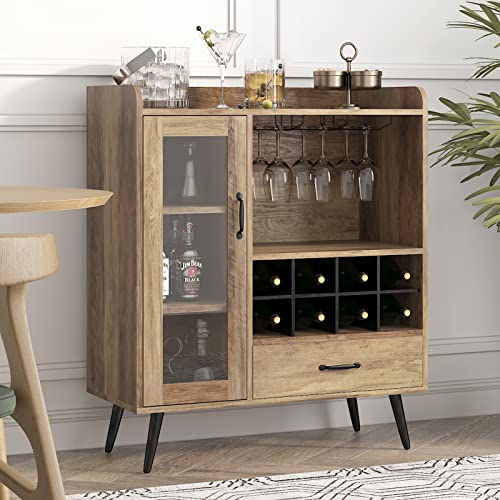 Image showcasing SogesHome Wine Cabinet with 1-Glass Door&Drawer, 3-Tier Storage Cabinet ...
