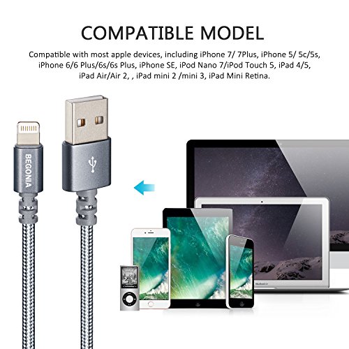 Lightning Cable, Begonia 4PACK (3FT & 6ft) Nylon Braided Charging Cable Cord Lightning to USB Cable Charger Compatible with iPhone,iPad, iPod and More (cool grey) - Thumbnail 6