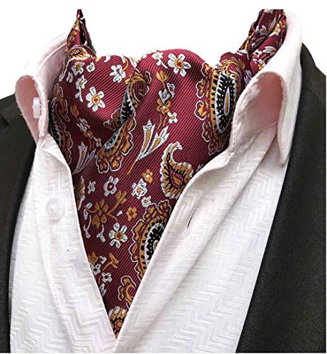 MOHSLEE Mens Red Floral Paisley Cravat Wedding Ascot Tie Scarf Pocket Square Set - Thumbnail 2