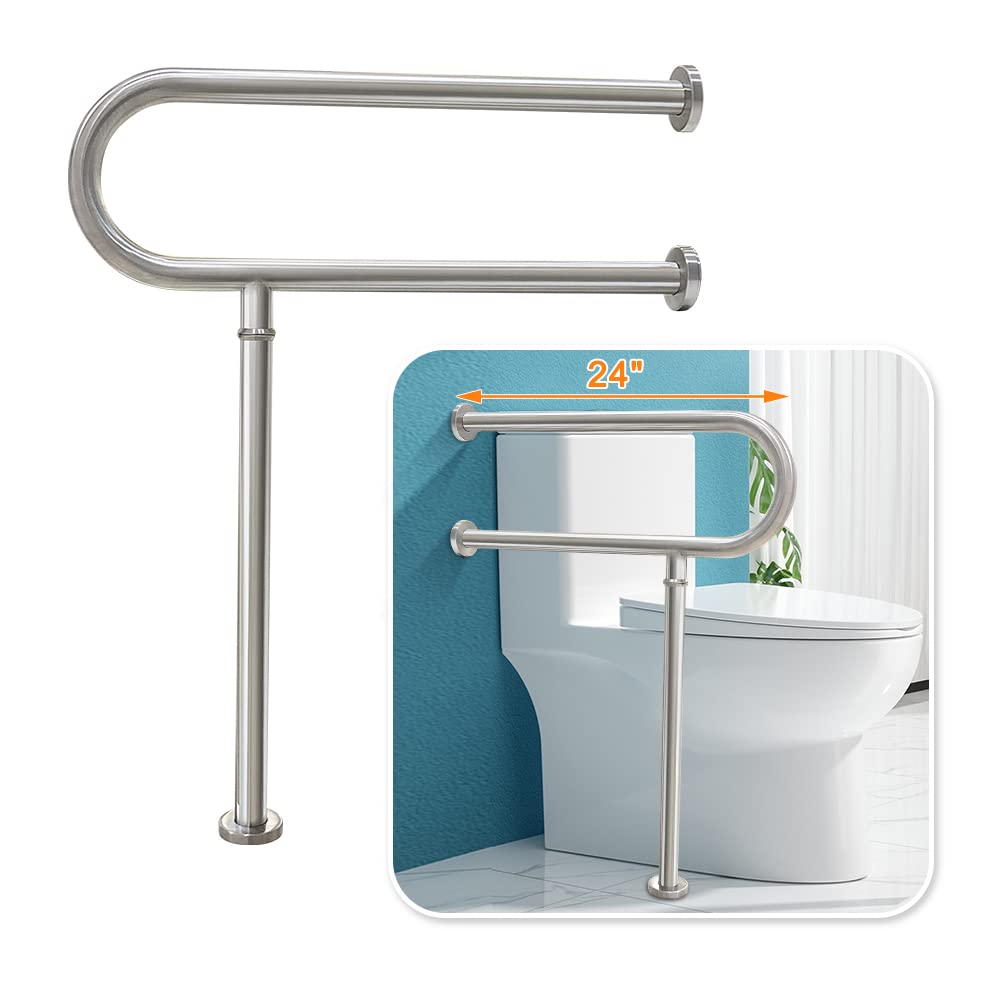 Photo 1 of Toilet Grab Bars for Seniors Handicap Hand Rails Floor Mounted Handicap Safety Bars for Shower Toilet Bathroom Rails Grab Bar for Elderly Stainless Steel Toilet Support Rail for Disabled Pregnant