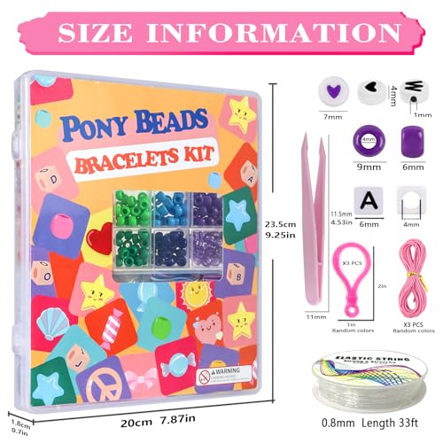 LIS HEGENSA Pony Bulk Plastic Kandi Beads for Necklace Jewelry, Bracelets Making, Hair Braiding, Crafts Braids Kits for Girls, 24 Color,1000 Pieces