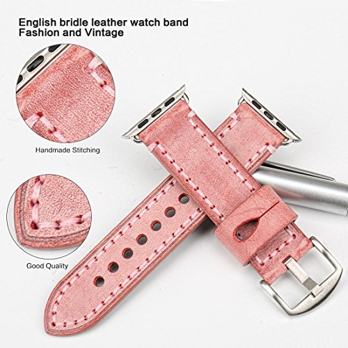 MAIKES Special Bridle Leather Apple Watch Strap for iWatch Apple Watch Band 42mm 38mm Series 3 2 1 Watchband (for Apple Watch 42mm, Red+Silver Buckle)