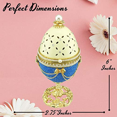 Matashi Blue-Ivory Eggshell Trinket Music Box "Fur Elise" with Crystals and Pearls Faberge Egg Table Top Ornament Decorative Gold Finish Home Decor for Living Room Bedrooms Gift for Christmas Birthday - Thumbnail 7