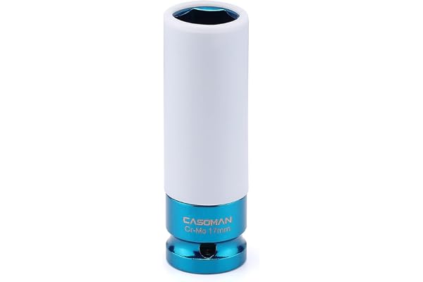 CASOMAN 1/2-Inch Drive Wheel Protector Impact Socket-17mm, Thin Wall Deep Impact Socket, 6-Point, Non-Marring, Color-Coded, L