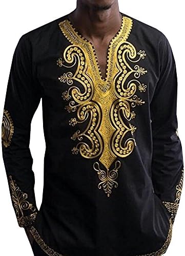Bbalizko Mens African Print Long Sleeve Stand Collar Slim Fit Dashiki Shirt Tops