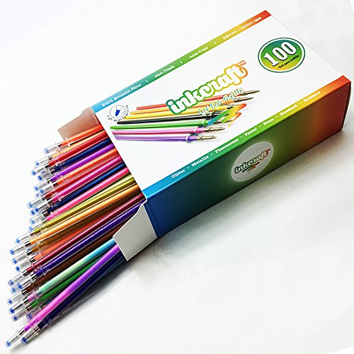 100 Gel Pen Refills - Ideal for Adult Coloring Books, Scrapbooking, Crafts and Kids Projects - Premium Quality Refills - Glitter, Metallic, Fluorescent, Pastel, Neon, Rainbow, Standard Colors