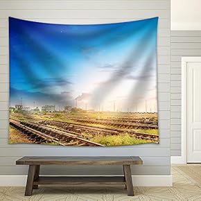 Cargo Train Platform at Sunset with Container - Fabric Wall Tapestry Home Decor - 51x60 inches