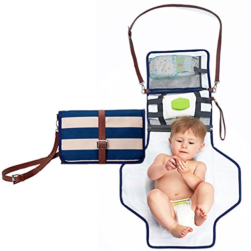 Portable Changing Pad Diaper Clutch - Small Diaper Bag Purse w/Shoulder Strap | Changing Station w/Extra Storage for Diapers, Wipes Holder, Essentials, and a Baby Outfit | Waterproof, BPA Free