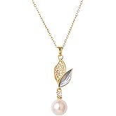 HETICA Petal Drops Pearl Necklace for Women, Cubic Zirconia Leaf Shape Pendant Fashion Necklace Jewelry Gifts for Women